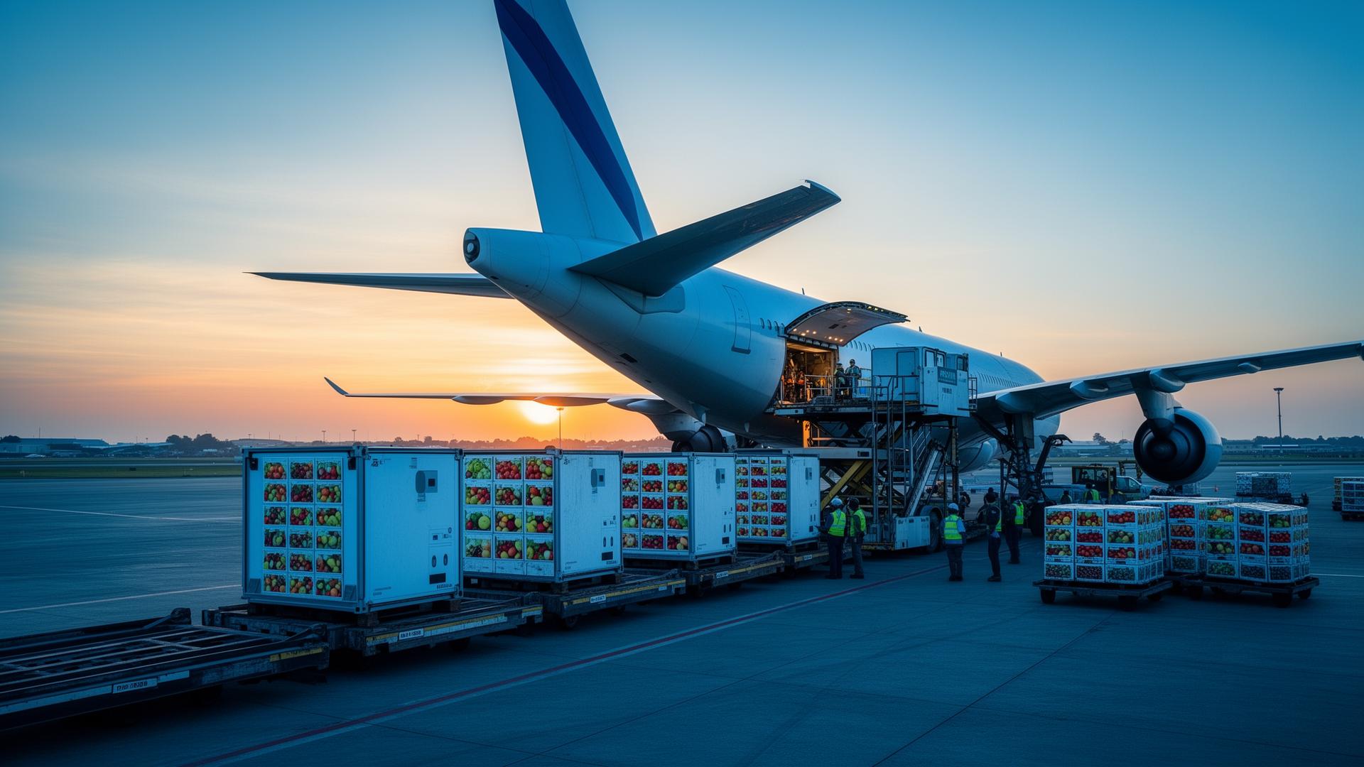 Cargo aircraft being loaded with refrigerated containers of fresh Kenyan produce